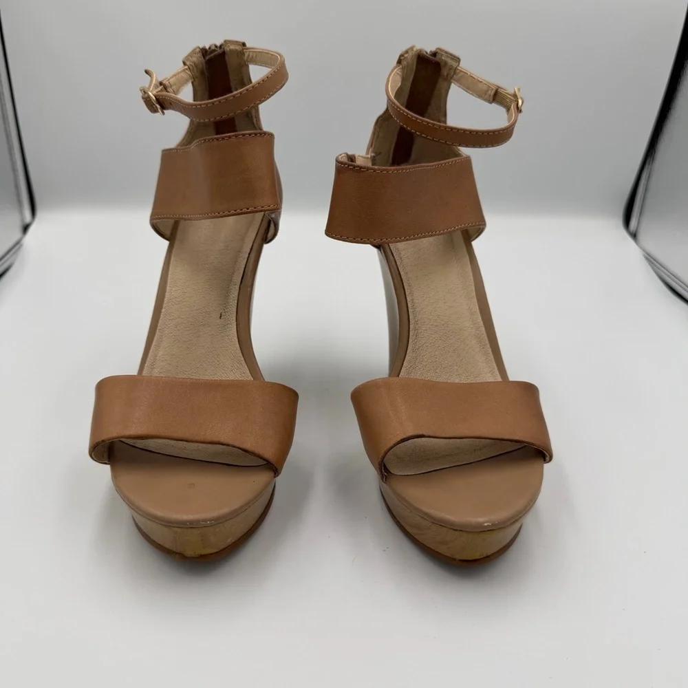 Seychelles Leather Tan Boho Wooden Wedge Strappy Buckle Open Toe Platform Heel 8